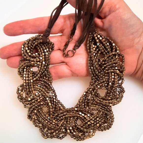 Chunky Brass Brutalist Braided Seed Bead Primitive Necklace Collar Choker Boho - Picture 12 of 12